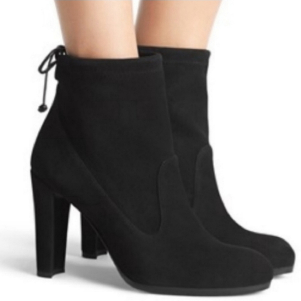 Stuart Weitzman Mitten Lace Up Black Suede Block Heels Annkle Boots Size 6.5